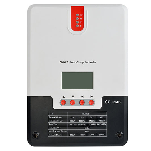 MPPT 60A Programmable Solar Charge Controller 12/24/36/48V SRNE ML4860 w LCD Display for AGM Gel Lithium SiO2 Carbon Foam Flooded Batteries and Lithium Iron Phosphate Batteries